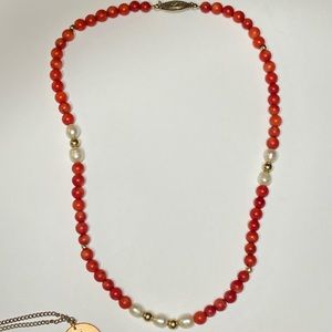 VINTAGE genuine pearl and red coral bead necklace
